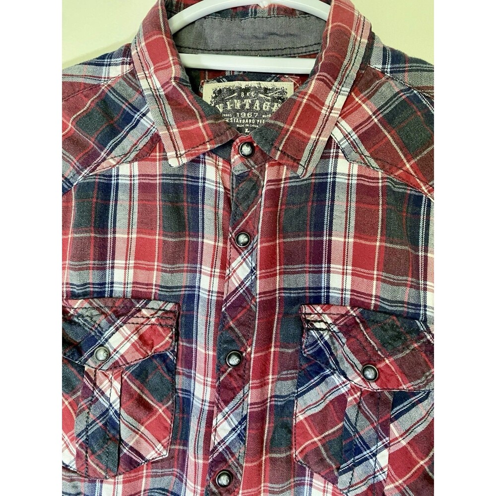 BKE Buckle Mens L Large Vintage Pearl Snap Plaid Flannel Western Long Sleeve